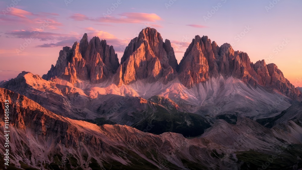Naklejka premium The Dolomites Italy. The alpenglow at sunset over the Dolomites, with the mountain peaks glowing pink and orange under clear skies