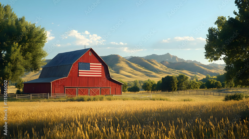 Patriotic Barn 3D Render: American Flag on Red Barn in Golden Wheat Field Patriotic Barn 3D Render: American Flag on Red Barn in Golden Wheat Field