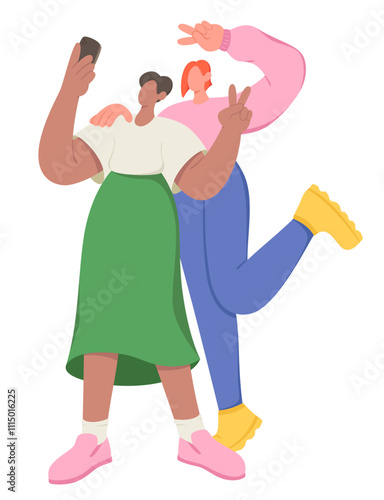 Young women showing v sign and taking selfies