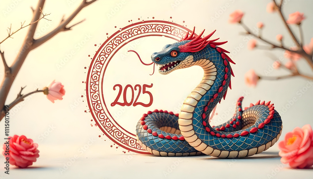 Obraz premium A Chinese New Year 2025 illustration featuring a stylized snake with red and blue scales, coiled around a circular design with the text New Year 2025 Year of the Snake in Chinese