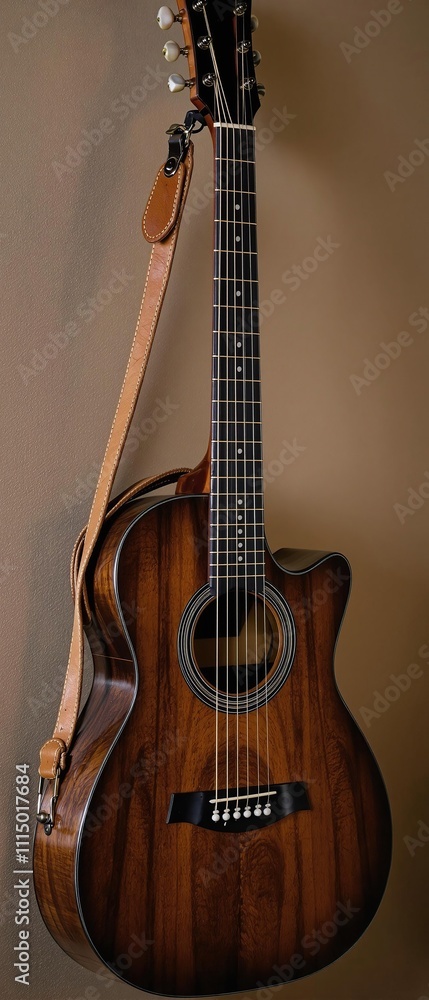 Fototapeta premium Old guitar with worn leather strap hanging on a wall, instrument storage, music, vinyl, guitar