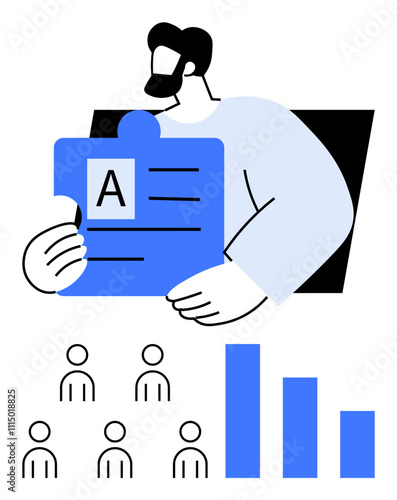 Man holding a large blue puzzle piece labeled A. Below, there are six simple figures representing team members and a three-bar chart. Ideal for business strategy, teamwork, project management, data