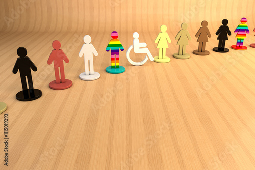 3D illustration of colorful human figures representing diversity and inclusion, with different skin tones and patterns symbolizing equality, respect and unity in a multicultural environment