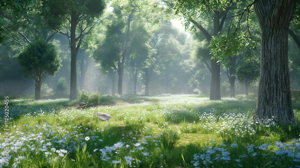 Fototapeta premium Tranquil Woodland Scene with Mist and Blossoming Flowers