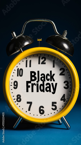 Modern yellow red alarm clock Black Friday text blue white background promotional sales banners advertisements shopping campaigns retail stores bold design timer social media marketing web time photo