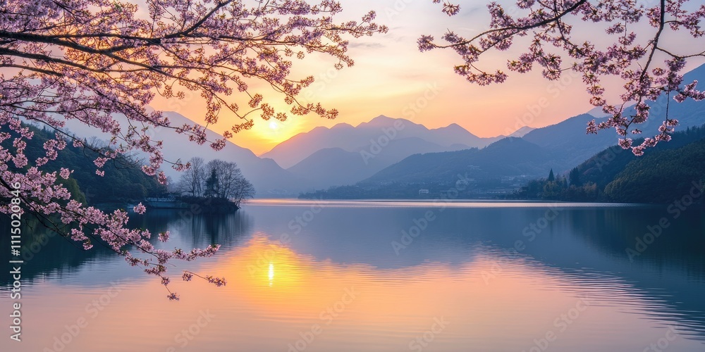 Obraz premium A serene spring morning view of a calm lake at sunrise, framed by towering mountains and blooming cherry blossoms bathed in soft golden light.