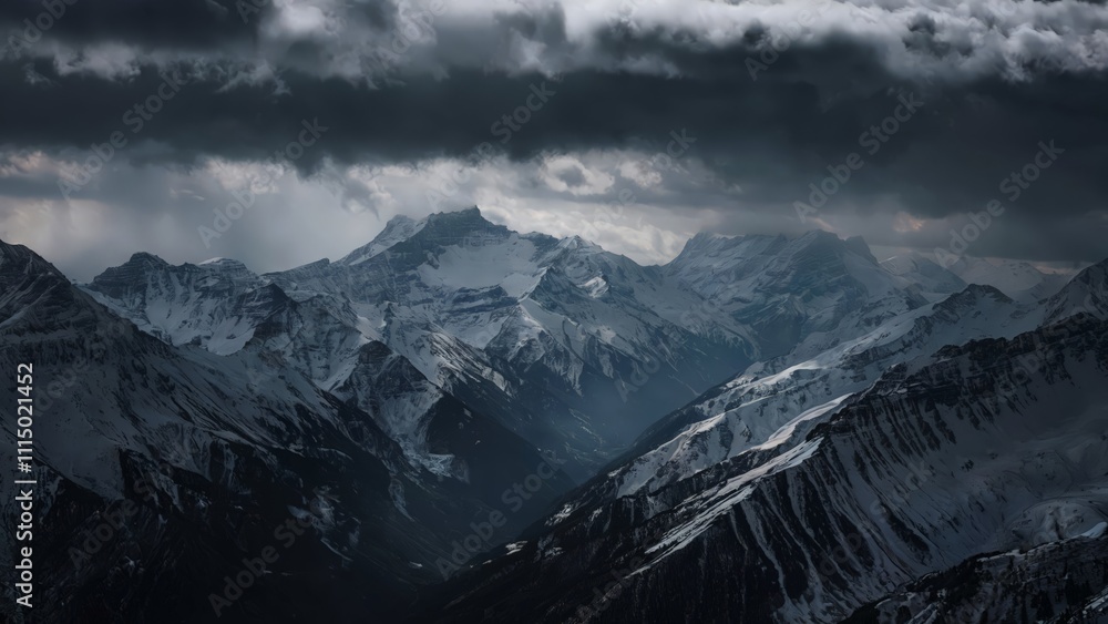 Obraz premium Ominous Aerial Shot of the Alps, France/Switzerland Aerial view of the Alps under storm clouds
