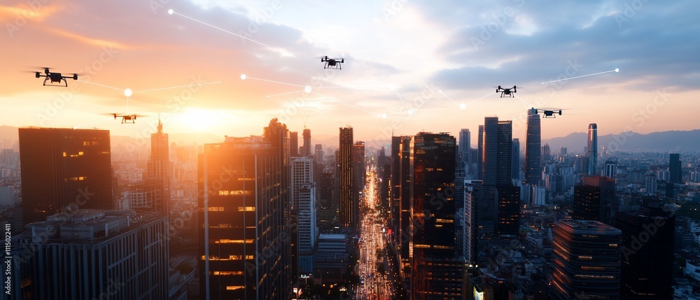 Fototapeta premium Sunset cityscape with multiple drones flying over modern buildings.