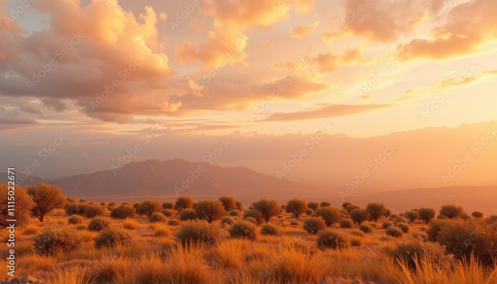 Obraz premium Golden Sunset Over Desert Landscape With Rolling Hills