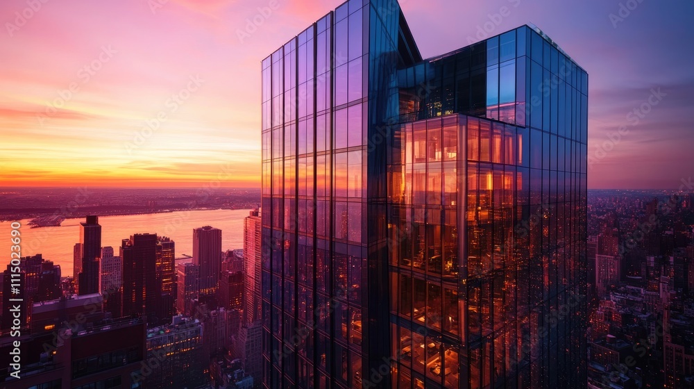 Modern glass skyscraper at sunset, city skyline view. Modern glass skyscraper at sunset, city skyline view.