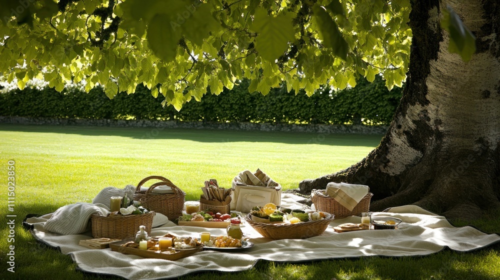 Fototapeta premium A serene picnic setup under a tree, featuring various foods on a blanket.