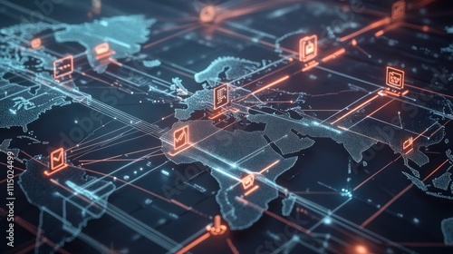 A global value chain concept with lines and symbols connecting countries, manufacturers, and suppliers, symbolizing international trade routes.