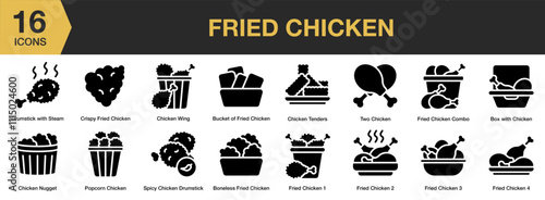 Fried Chicken solid icon set. Includes Chicken, Chickens, Crunchy, Drumstick, Fried, Snack, and More. Solid icons vector collection.