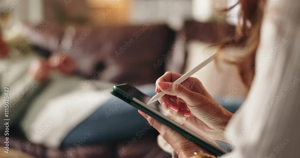 custom made wallpaper toronto digitalWoman, hands and tablet for notes in therapy, counseling crisis and psychologist hearing in office. Doctor, stylus and review trauma by listening to patient, support client and app for medical info