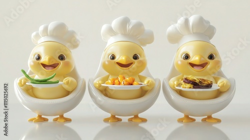 Three playful 3D cartoon baby birds in soft yellow, each wearing a master chefs hat and sitting on a glossy white chair.  photo