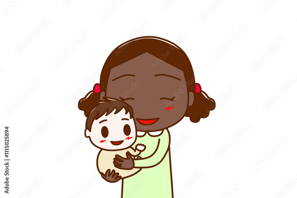 ＜上半身・正面＞笑顔でご機嫌なアジア系の赤ちゃんを抱っこして嬉しいアフリカ系少女