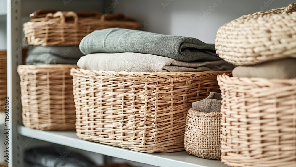 Obraz premium Organize Clothes Neatly in Wicker Baskets on Shelves, Enhancing Home Storage Solutions with Style