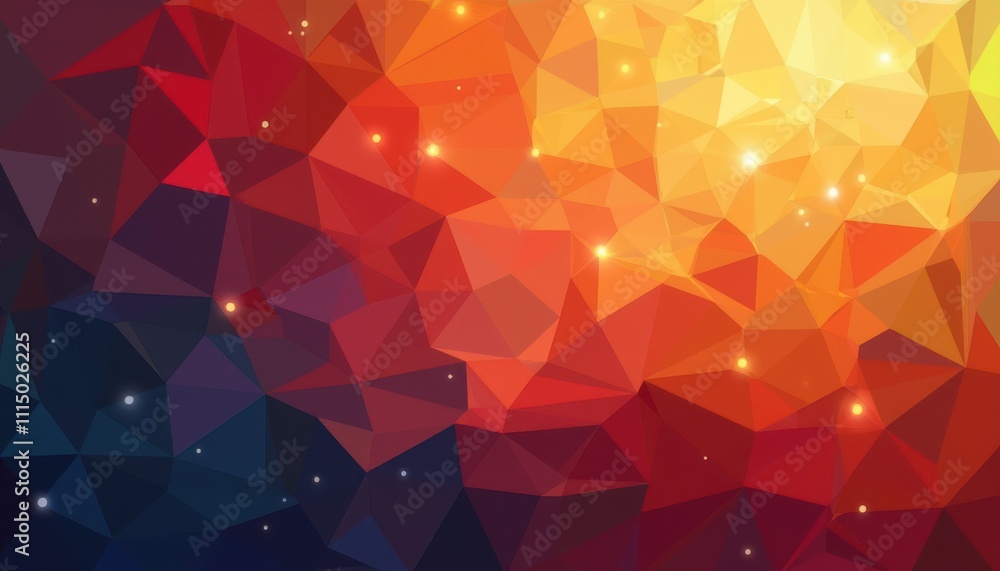 Fototapeta premium A bold, abstract design featuring vibrant, angular polygonal shapes in hues of red, yellow, and blue. The shapes should overlap and create an interesting composition of facets, with some parts of the 