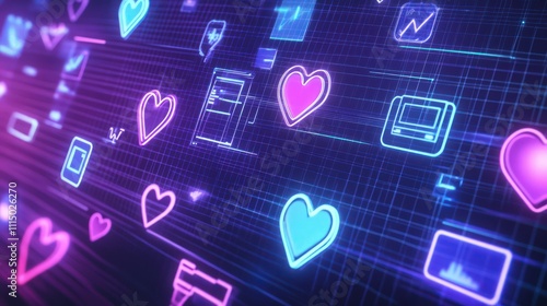 A futuristic digital background with holographic social media icons like hearts, comment bubbles, and profile badges, appearing to float in space. 