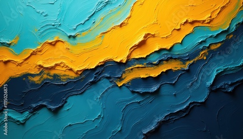 Large, abstract paint strokes in various colors like teal, mustard, and navy blue, overlapping and blending into each other. The background should have a textured feel, with the paint strokes appearin photo