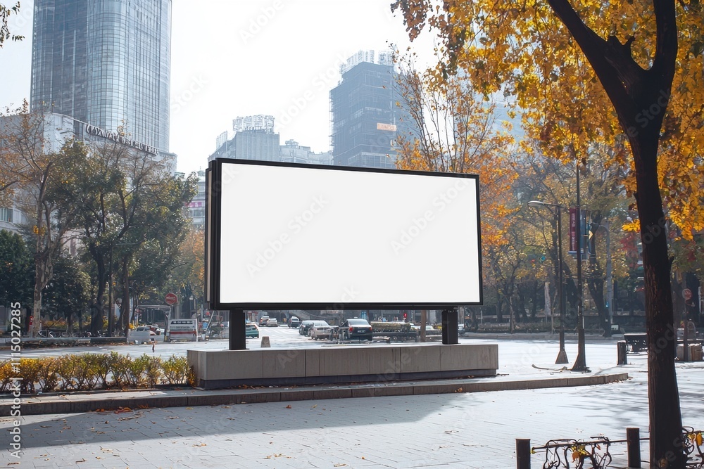 Blank Billboard Mockup in Urban Park: A blank billboard mockup in a vibrant city park with a cityscape backdrop and autumnal foliage. Perfect for showcasing your advertising designs. Blank Billboard Mockup in Urban Park: A blank billboard mockup in a vibrant city park with a cityscape backdrop and autumnal foliage. Perfect for showcasing your advertising designs.