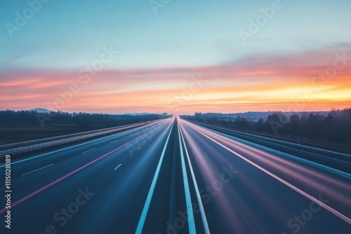 Open Road at Sunset: A scenic highway stretches towards a vibrant sunset, symbolizing limitless possibilities and the journey ahead. The image evokes a sense of freedom, adventure. photo