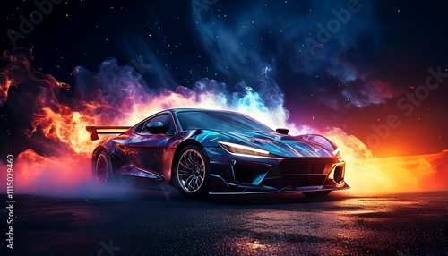 Fiery Night: A Supercar's Blaze of Glory Under the Starry Sky