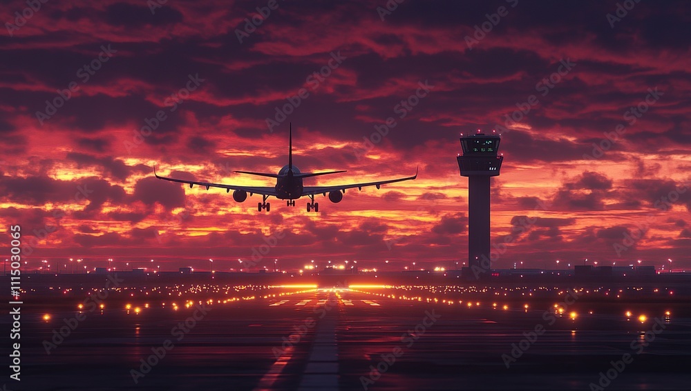 Airplane Landing on Runway During Dramatic Sunset, Air Traffic Control Tower Guidance, Vivid Sky Colors Airplane Landing on Runway During Dramatic Sunset, Air Traffic Control Tower Guidance, Vivid Sky Colors