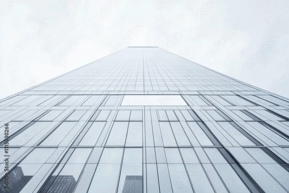 Fototapeta premium Reaching for the Sky: A low angle shot of a towering skyscraper against a backdrop of a cloudy sky evokes a sense of ambition and progress.