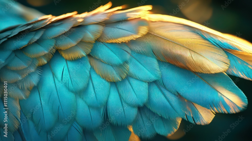 Obraz premium A stunning macro composition of a bird wing featuring vibrant turquoise and gold feathers, with a silky, fluffy texture that looks weightless, glowing softly under diffused light.