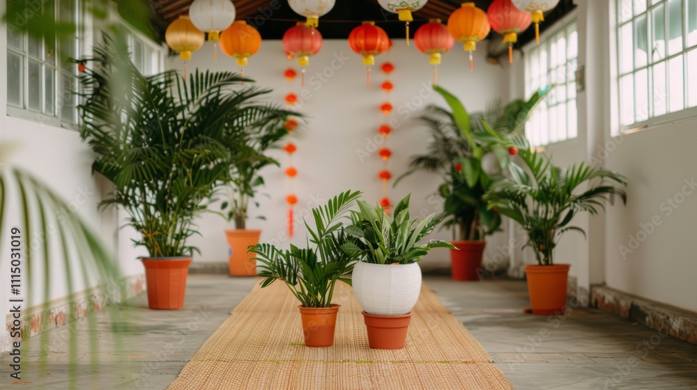 Fototapeta premium Tranquil Indoor Garden with Potted Plants and Colorful Lanterns Creating a Serene Atmosphere for Relaxation and Meditation in Natural Light