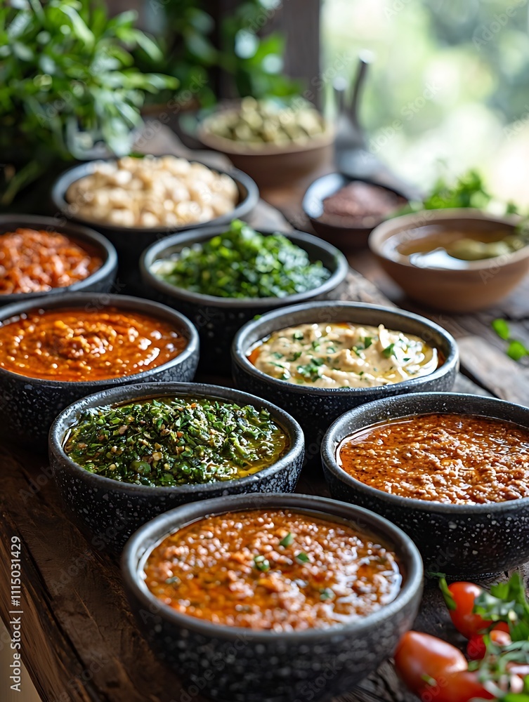 A Rustic Tabletop Display of Vibrant and Diverse Dips and Spreads in Dark Stone Bowls. A Rustic Tabletop Display of Vibrant and Diverse Dips and Spreads in Dark Stone Bowls.