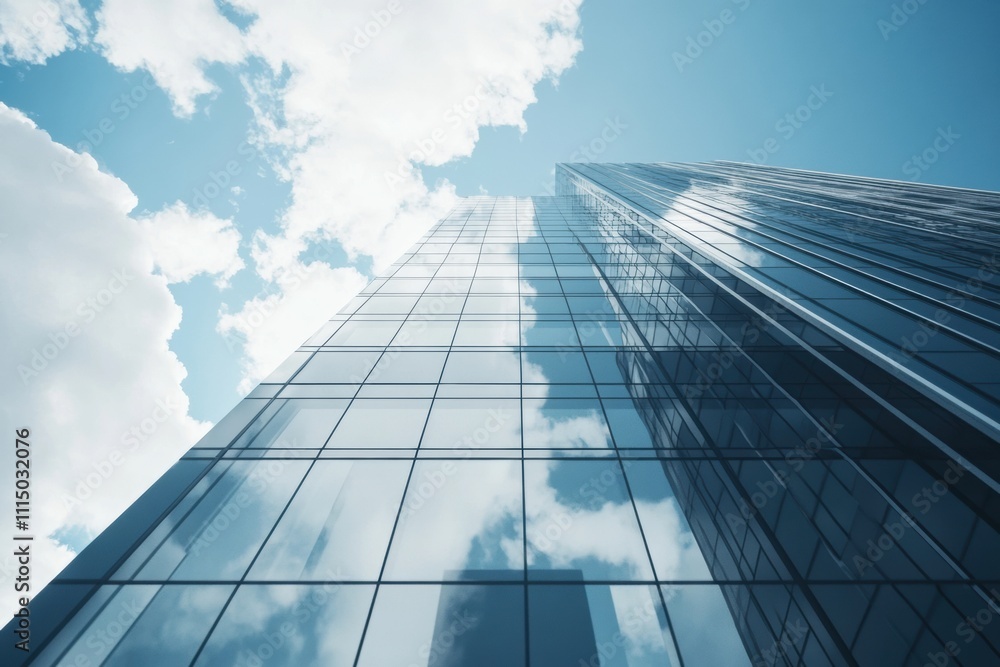 Skyward Ambition: A striking low-angle view of a towering skyscraper, its glass facade reflecting the azure sky and fluffy clouds, symbolizing ambition, progress. Skyward Ambition: A striking low-angle view of a towering skyscraper, its glass facade reflecting the azure sky and fluffy clouds, symbolizing ambition, progress.