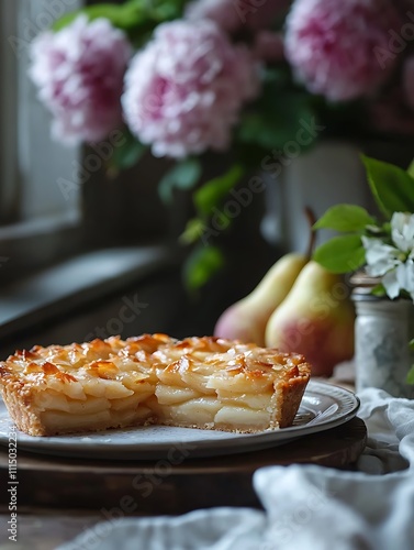 Delicious Pear Tart with a Slice Removed, Displayed on Rustic Wooden Table with Flowers in Background.