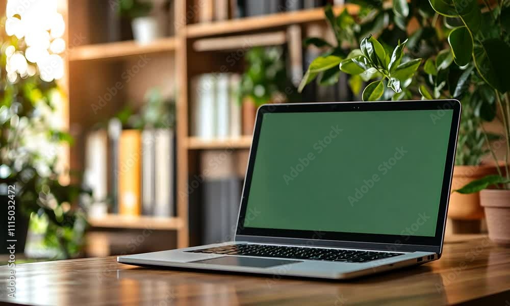 Laptop with green screen on wooden desk in home office. (1) Laptop with green screen on wooden desk in home office. (1)