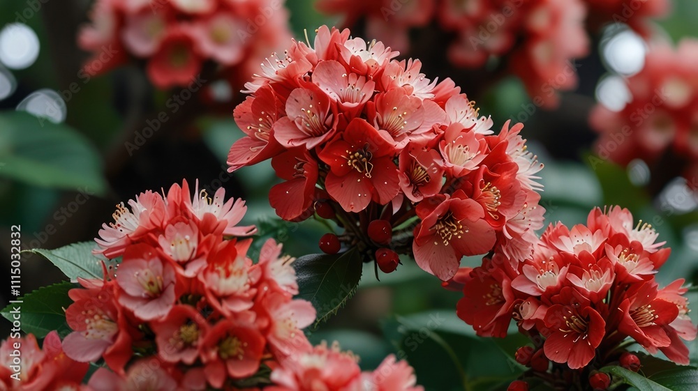 Close-up of vibrant red flowers blooming on a bush. Close-up of vibrant red flowers blooming on a bush.