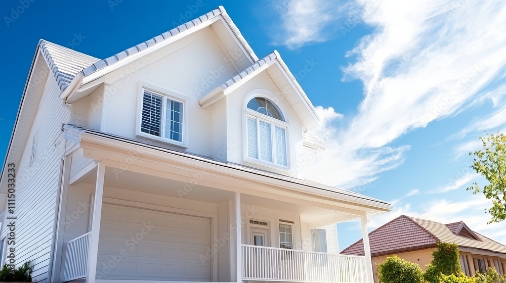 Bright Modern Home Exterior with Blue Sky and White Clouds Bright Modern Home Exterior with Blue Sky and White Clouds