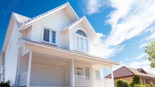 Bright Modern Home Exterior with Blue Sky and White Clouds