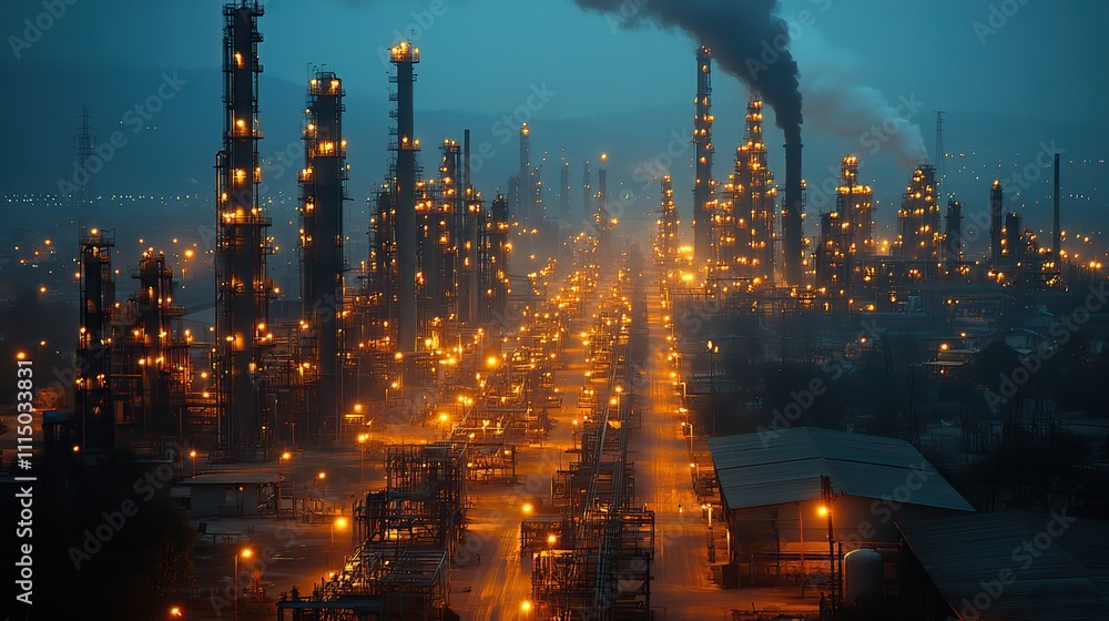 Fototapeta premium Emissions rise from industrial works, showcasing the environmental impact of manufacturing on the atmosphere