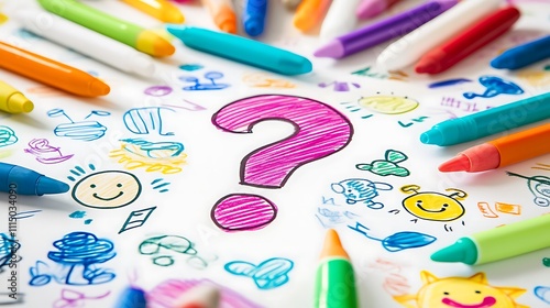 Colorful crayons surround a large pink question mark drawn on a page filled with children's drawings.