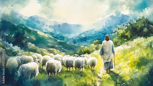 In a serene watercolor setting, Jesus walks peacefully among sheep, with rolling hills bathed in soft sunlight and vibrant greens creating a pastoral atmosphere