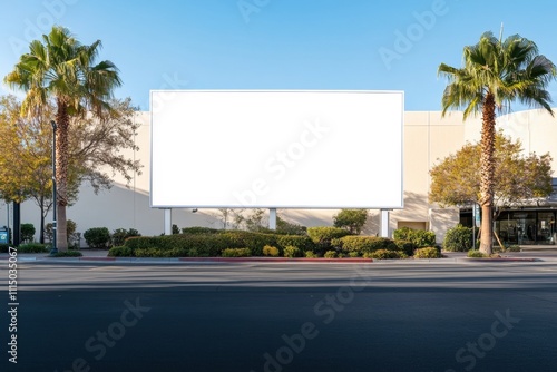 Blank Billboard Mockup: A large, blank billboard stands tall against a sunny urban backdrop, flanked by palm trees and offering a prime canvas for your message.  