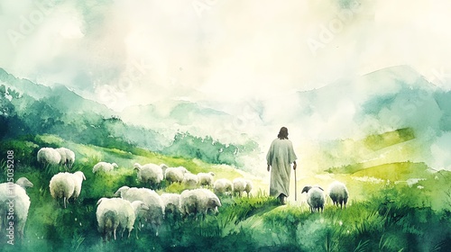 In a serene watercolor scene, Jesus walks among sheep on rolling hills under soft sunlight, highlighting vibrant greens and whites in a peaceful pastoral setting
