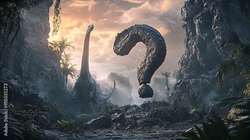Fototapeta Naklejka Na Ścianę i Meble -  Dinosaurs and a question mark in a prehistoric jungle at sunset.