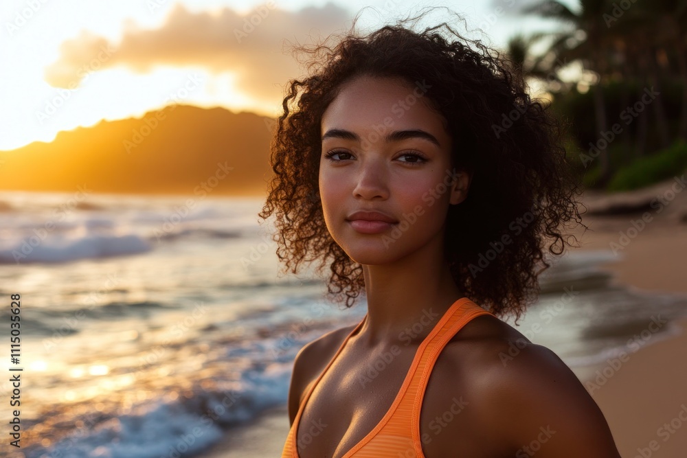 Young woman by the beach at sunset Young woman by the beach at sunset