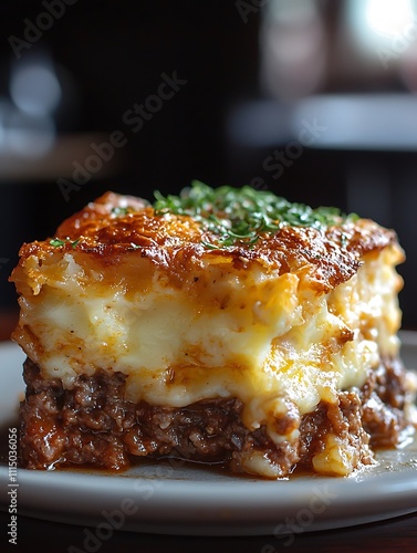A Close-up Shot of a Delicious Shepherd's Pie Serving.
