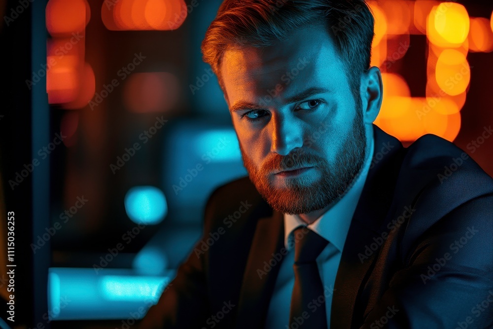 Serious businessman with beard in dark suit looking pensively into the distance against a backdrop of orange and blue lights, suggesting contemplation and determination. Serious businessman with beard in dark suit looking pensively into the distance against a backdrop of orange and blue lights, suggesting contemplation and determination.