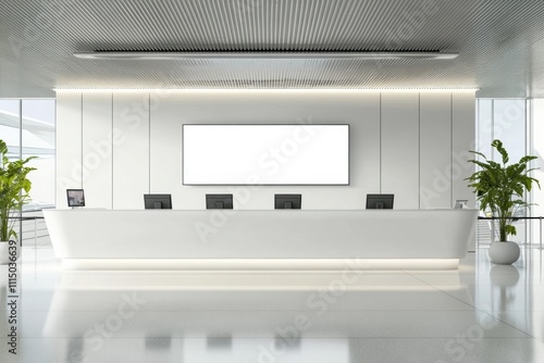 Modern Office Reception Desk with Mockup Screen  photo