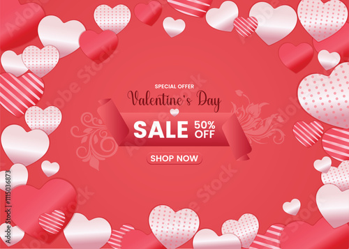 Happy Valentine's Day Sale. Enjoy 50 percent off on all items. Shop now banner with a romantic red background, sweet hearts, and love filled vibes. Perfect for your Valentine's Day.