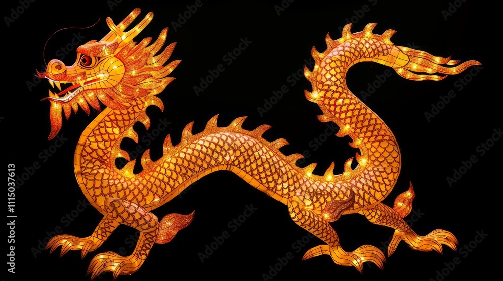 Fototapeta premium Majestic Golden Dragon Lantern Illuminating the Night Aesthetic with Intricate Scales and Lifelike Design, Symbolizing Strength and Prosperity in Festive Celebrations